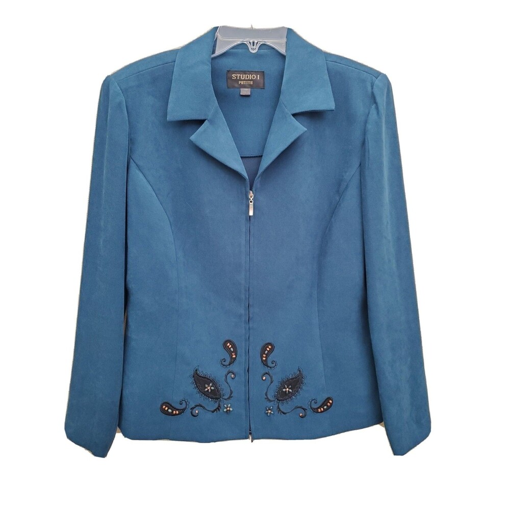 STUDIO 1 Petite Zip-Up Soft Microfiber Green/Blue Teal Beaded Blazer Size 14P